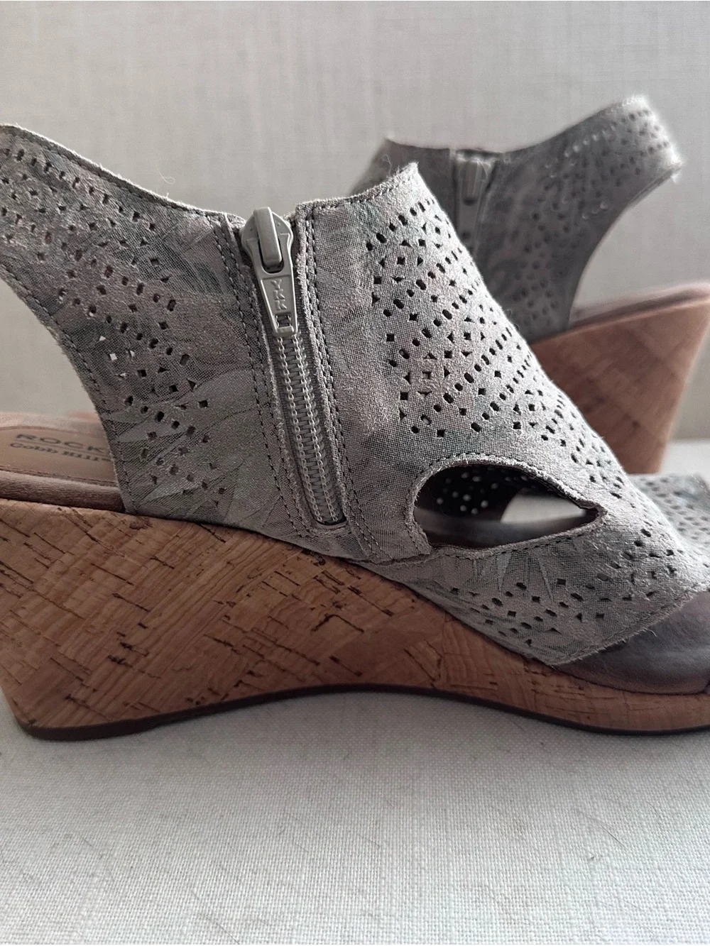 Rockport Light Gray Perforated Leather Wedge Sandals